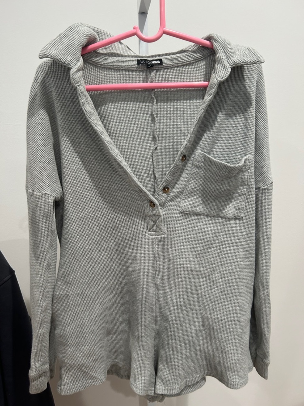 2 PIECES OF Fashion Nova Light Gray Waffle Henley Pullover Top & White Jean jack